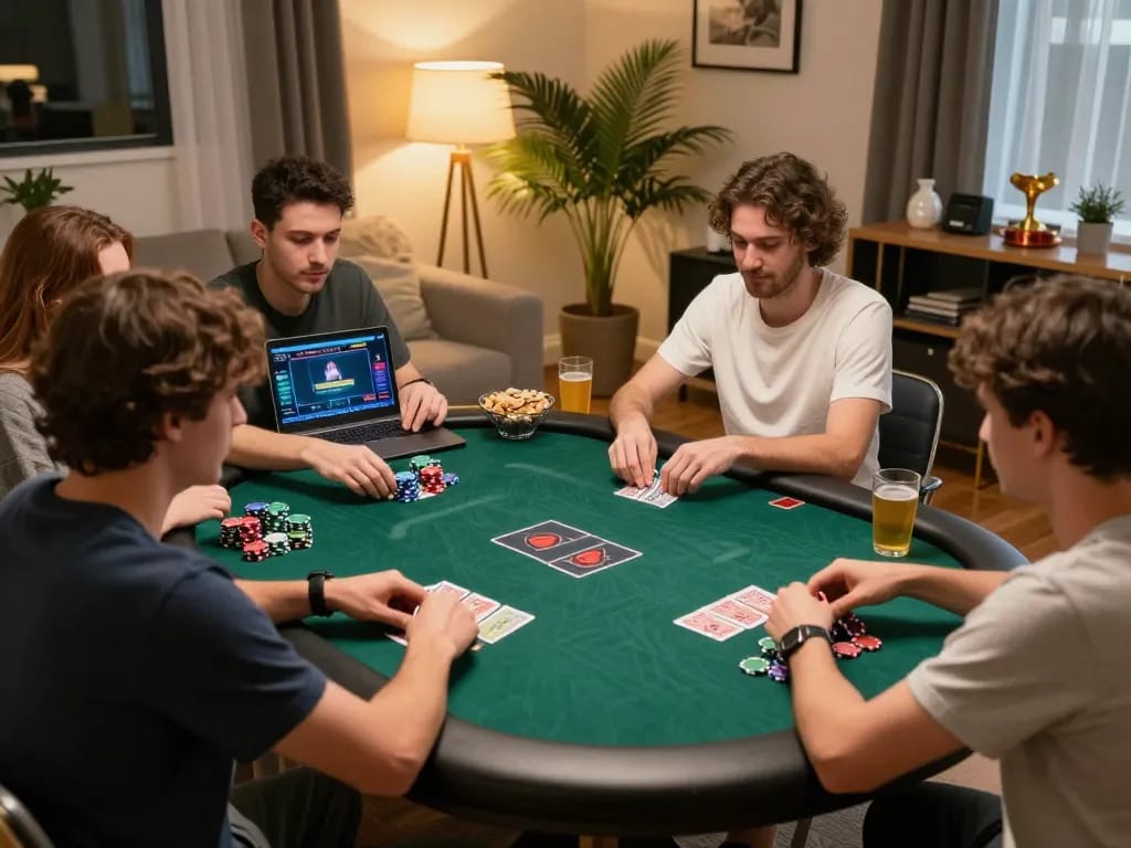 IDNSCORE RESMI online poker game with friends in a cozy home setting, highlighting strategic gameplay.