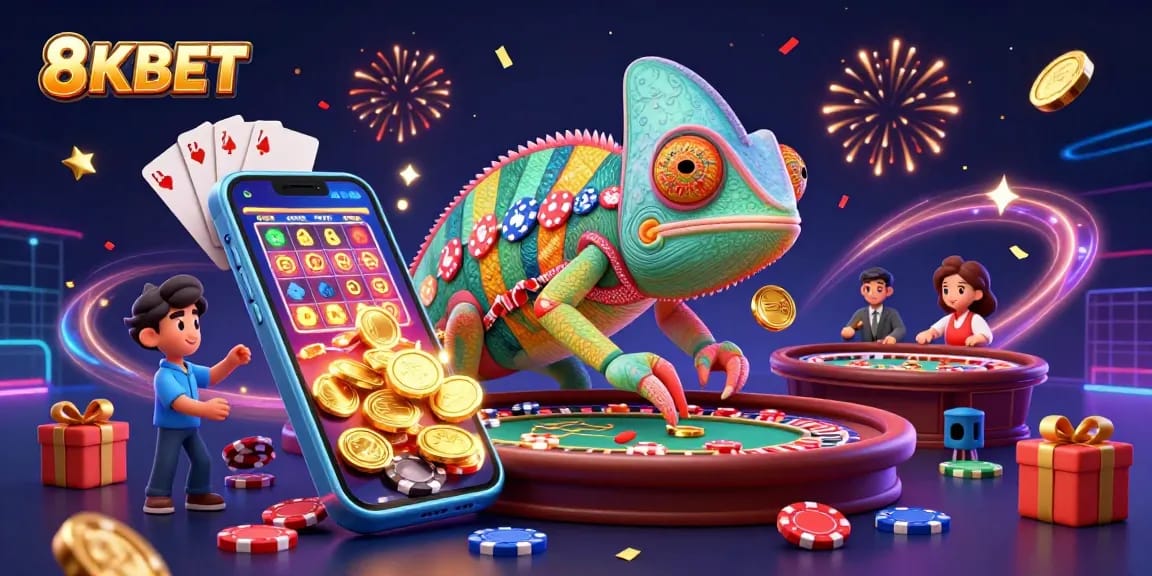 Engage with thrilling 8KBET casino experiences, featuring a colorful chameleon and dynamic games.