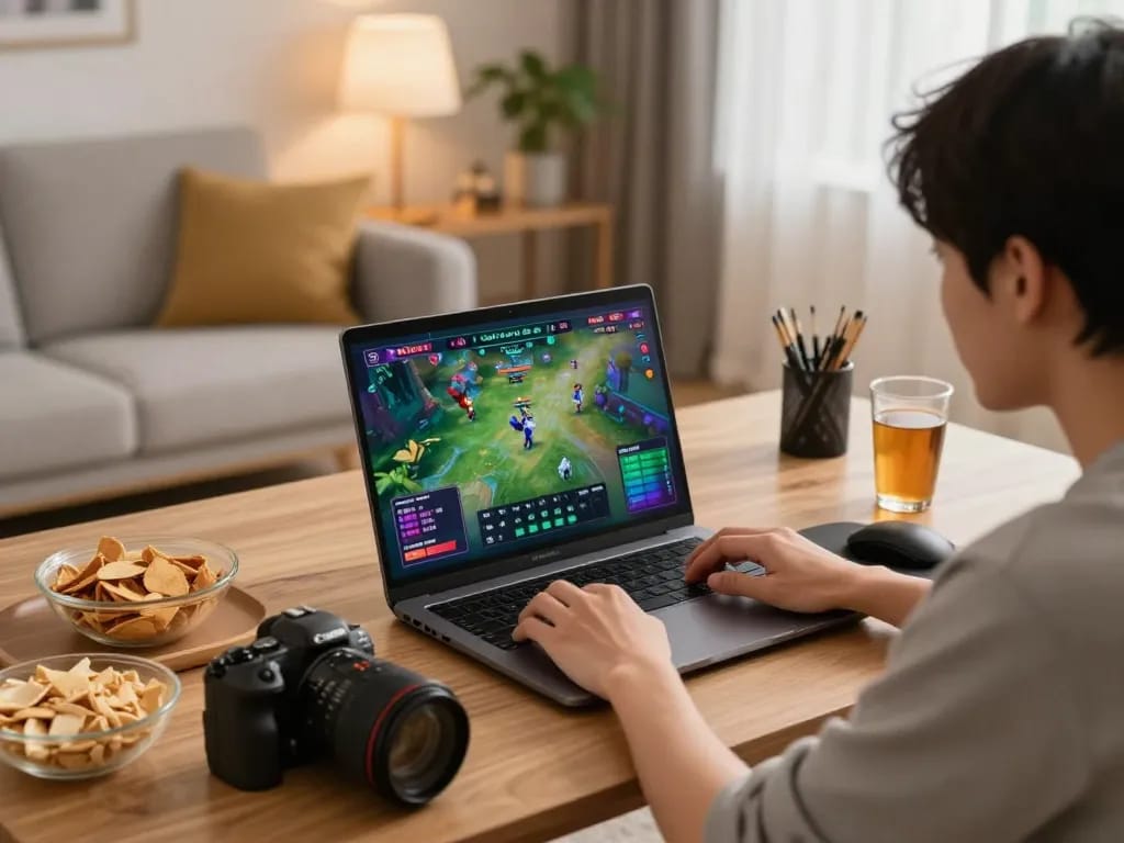 Watch trực tiếp đá gà on a laptop during an engaging online gaming session at home.