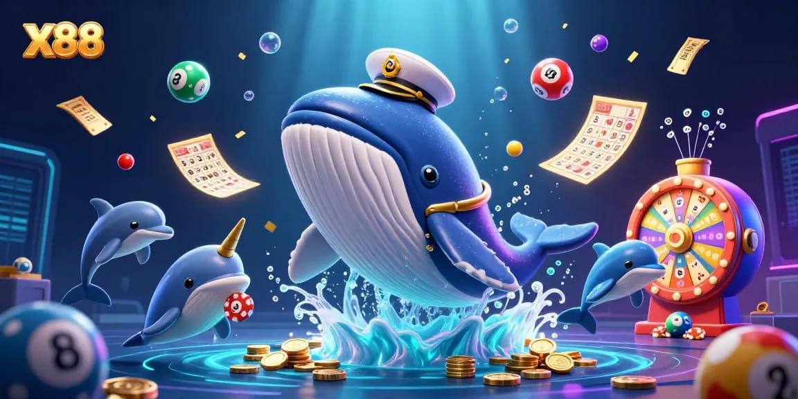 x88 delivers thrilling gambling excitement with a whale, narwhal, and playful dolphins amidst vibrant game elements.