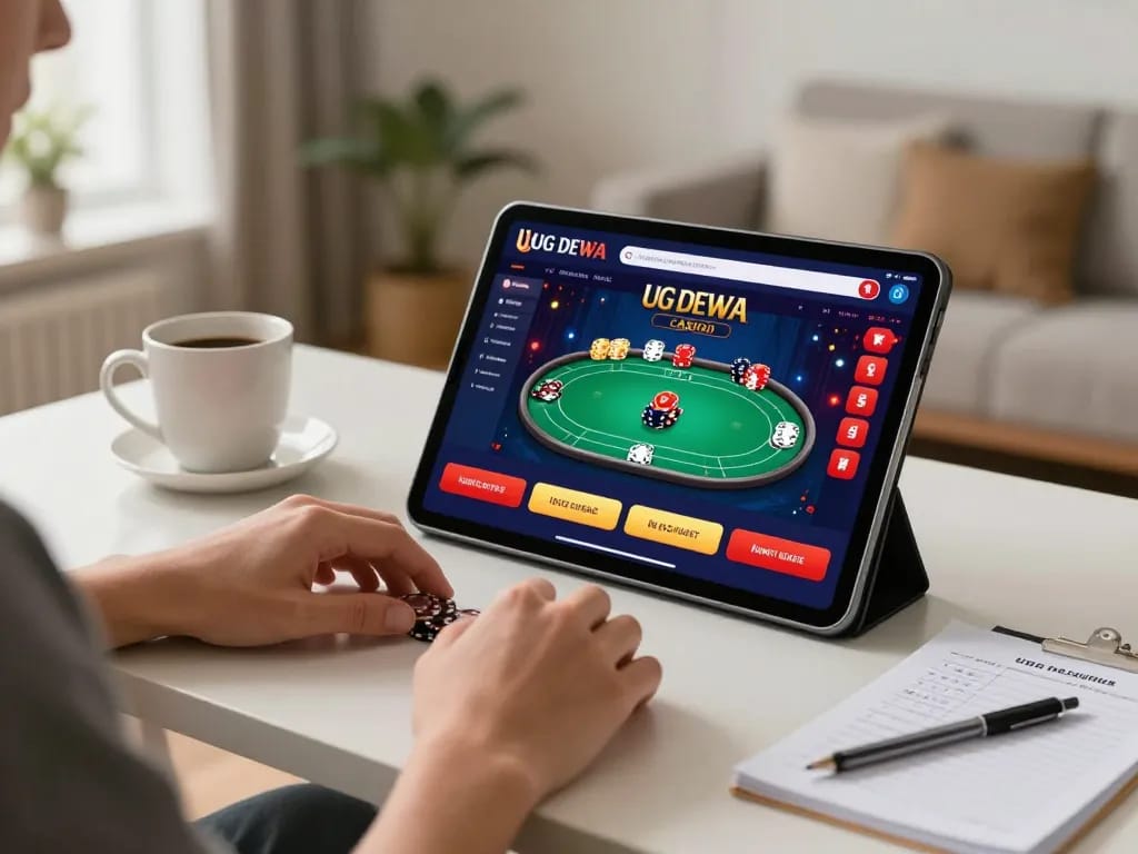 Play poker on UG DEWA app while enjoying a cozy home setting and strategic planning.