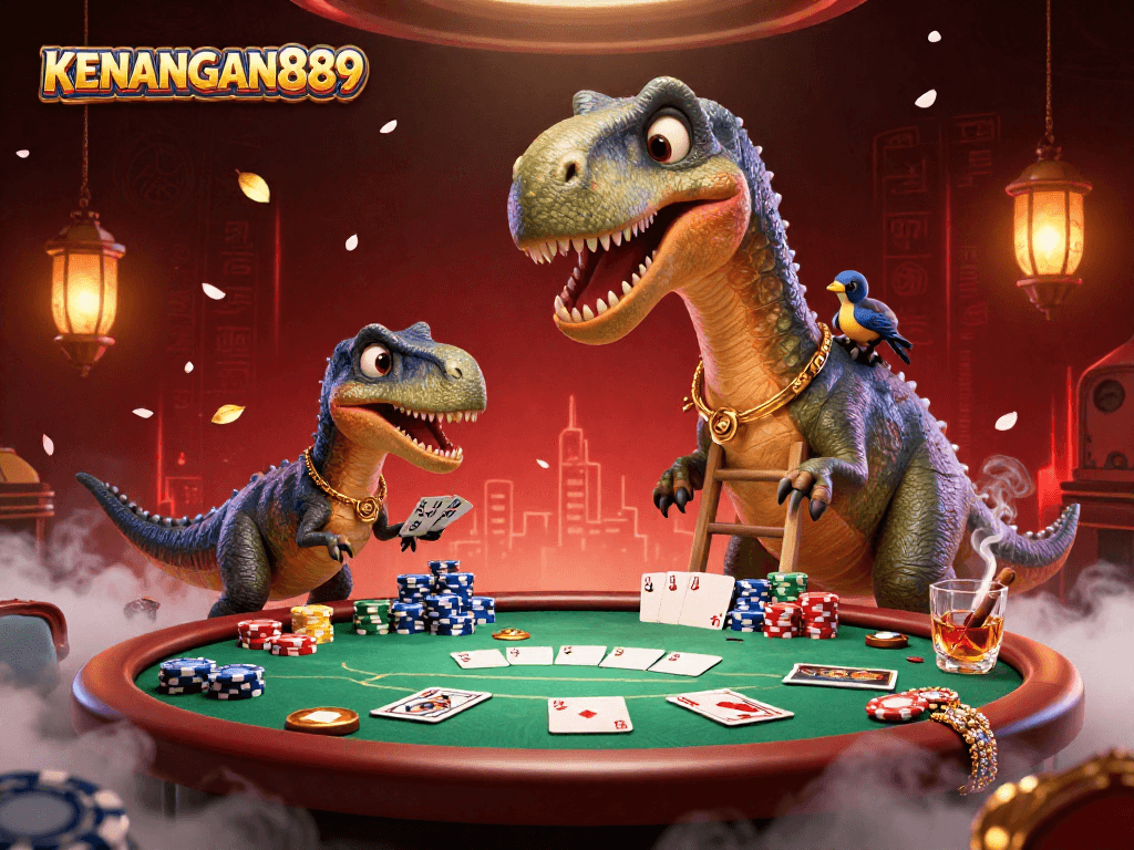 KENANGAN889 captures an exciting casino scene with a playful dinosaur and raptor dealer, showcasing poker action.