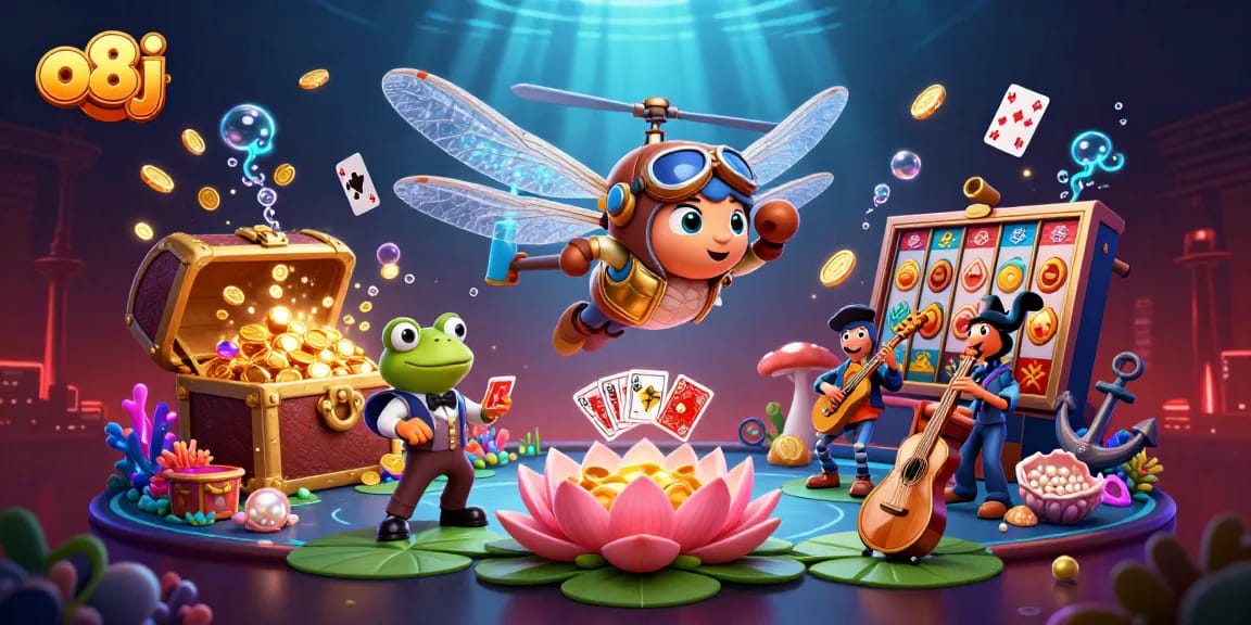 Join the excitement at o8j with a lively 3D casino scene featuring a dragonfly pilot and a frog croupier.