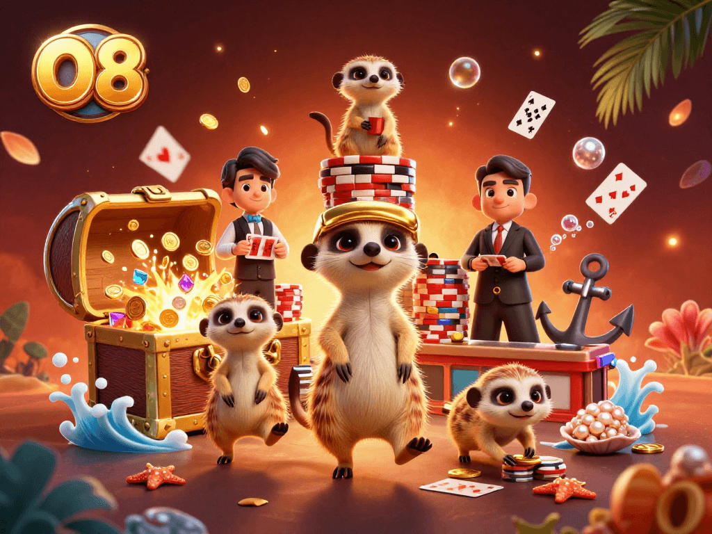 Experience the vibrant casino world of O8 with meerkats in action, amid colorful treasures and dynamic game elements.