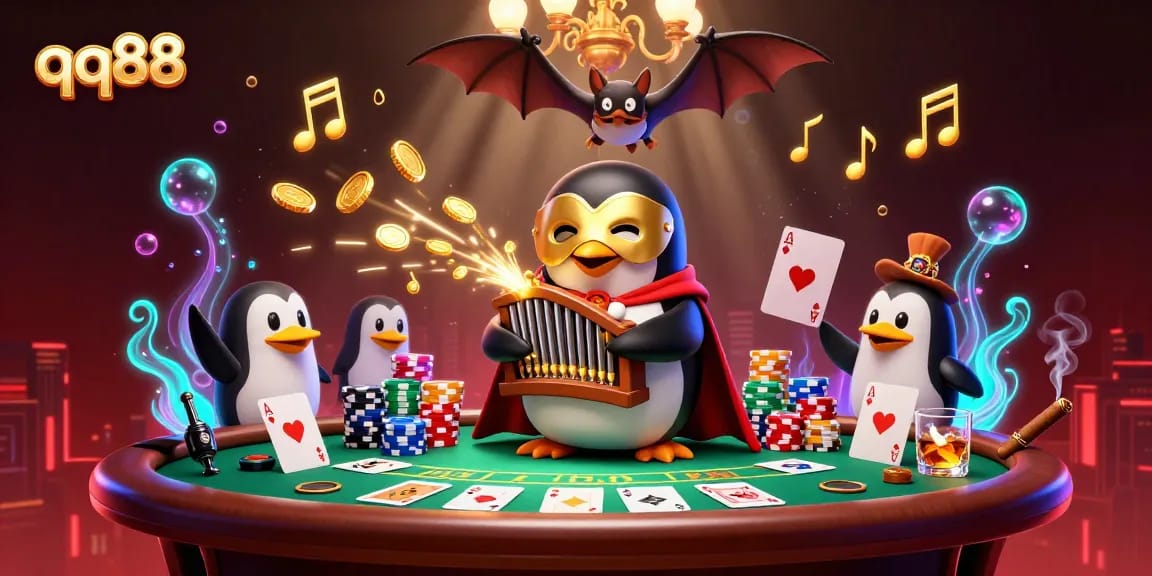 Experience thrilling moments with qq88 as a penguin plays an organ shooting golden coins in a vibrant casino.