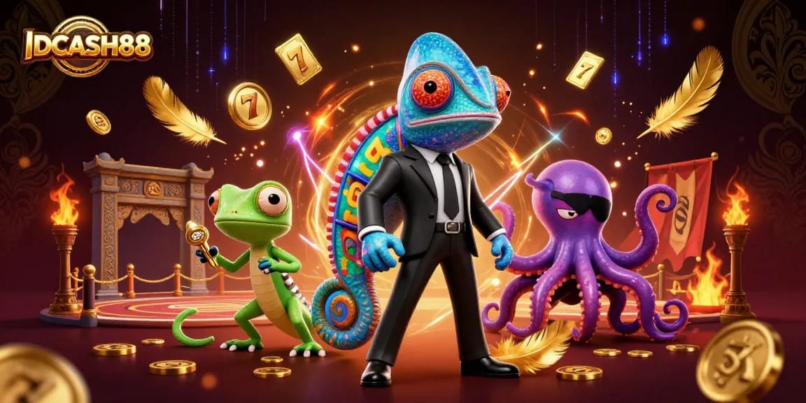 Experience the excitement of IDCASH88 with vibrant slot gaming in a dynamic 3D casino scene.