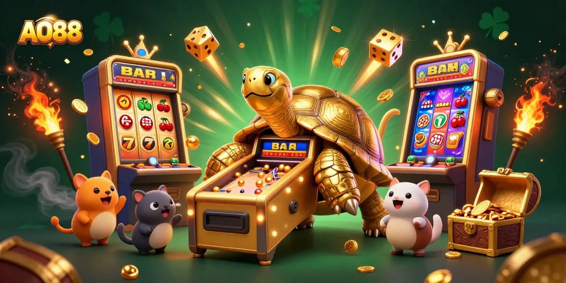 Play thrilling games at AO88, featuring a vibrant 3D illustration of a golden tortoise and slot machine explosion.