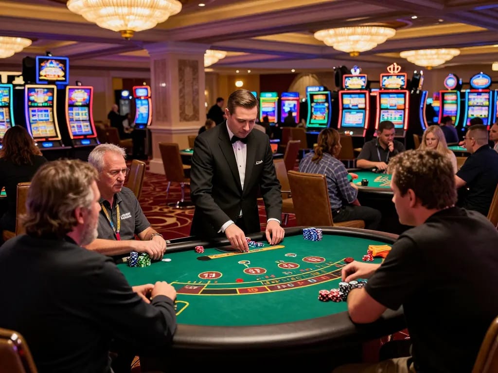 Engaged players at sunwin blackjack tables strategizing their next moves in a vibrant Vegas casino.