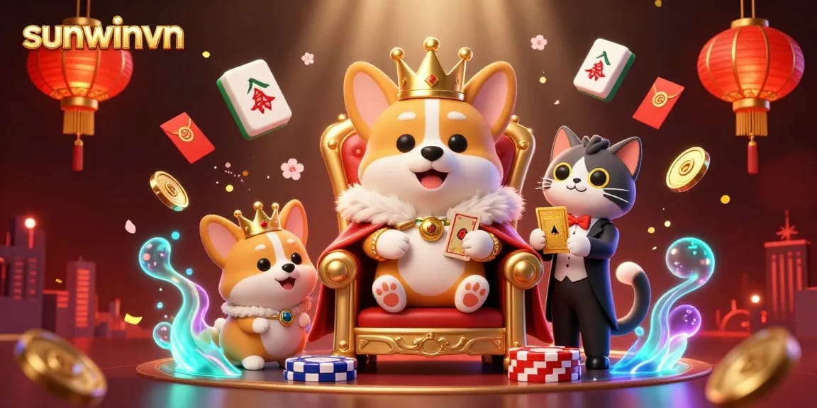 Engage gamblers at sunwinvn with a vibrant 3D casino celebration featuring charming corgis and mahjong tiles.