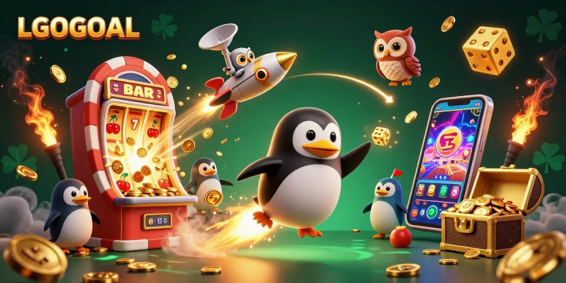 Experience exciting gameplay with LGOGOAL's golden penguin set against a vibrant casino backdrop.