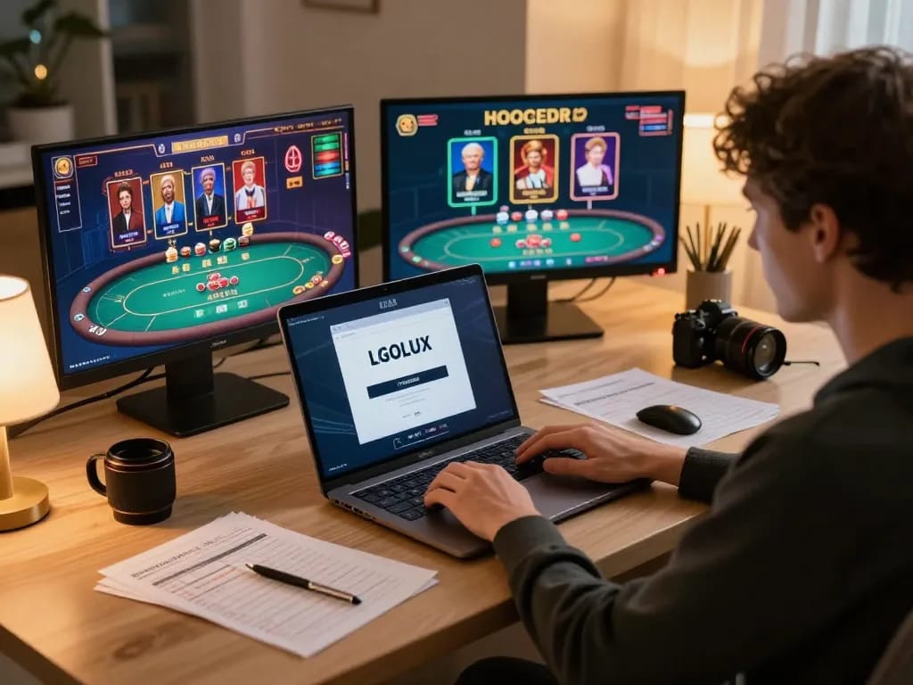 Engaging in LGOLUX LOGIN process on laptop, displaying live dealer game interface in a cozy home office.