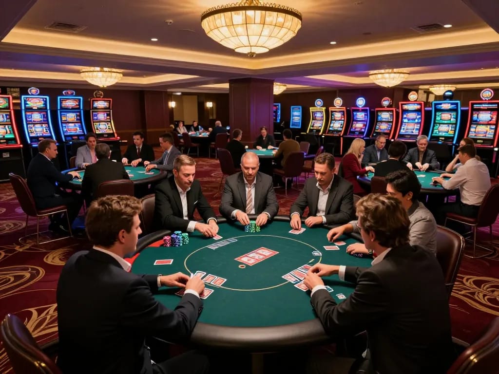 Engage with the thrilling Link MM88 gaming experience at a luxurious poker table in a vibrant casino.