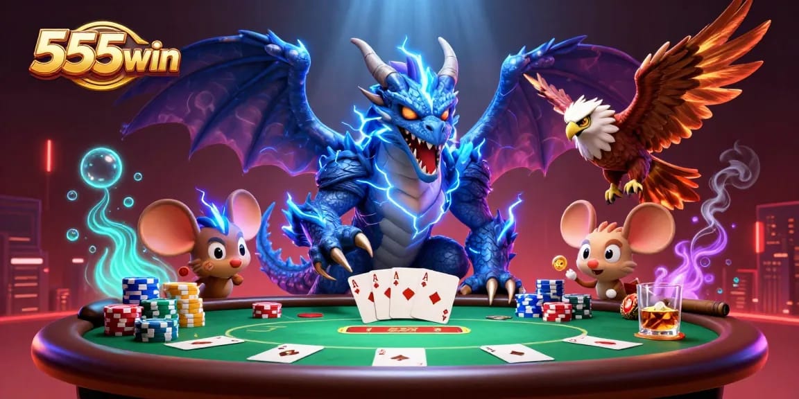 Experience thrilling gameplay with 555win's dragon, hawk, and mouse in a dynamic poker scene.