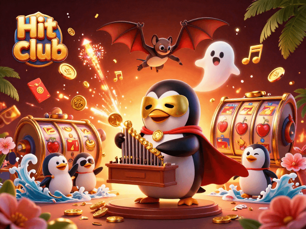 Engage with the thrill of the Hit club casino scene featuring vibrant slot reels and animated characters.