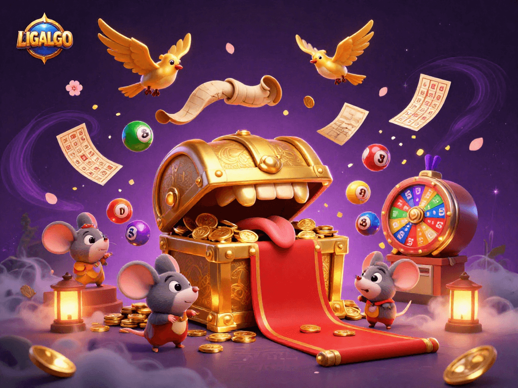 LIGALGO showcases a captivating treasure chest scene filled with lottery games and vibrant casino elements