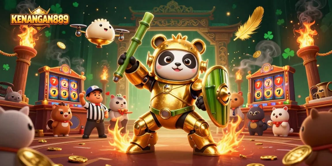 Experience the excitement of KENANGAN889 with a vibrant 3D casino scene featuring slot elements and energetic characters.