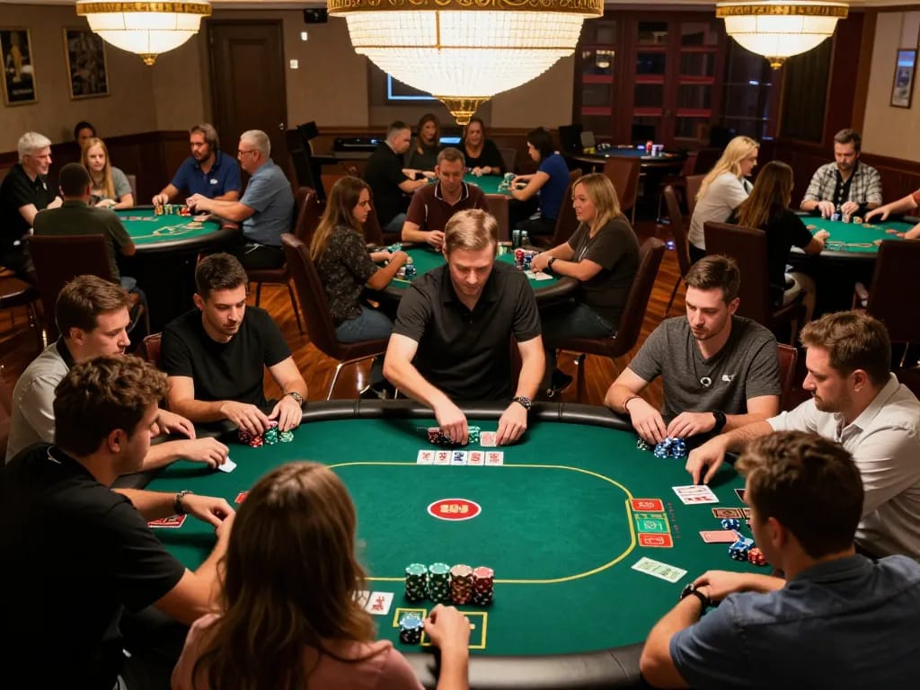 Engaging players in action at the MPO08 Link poker tournament with vibrant chips and warm ambiance.