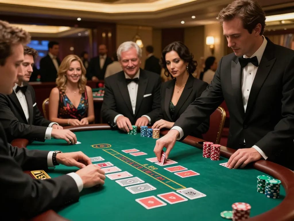 gg88 players experience thrilling wins at a luxury blackjack table in an upscale casino.