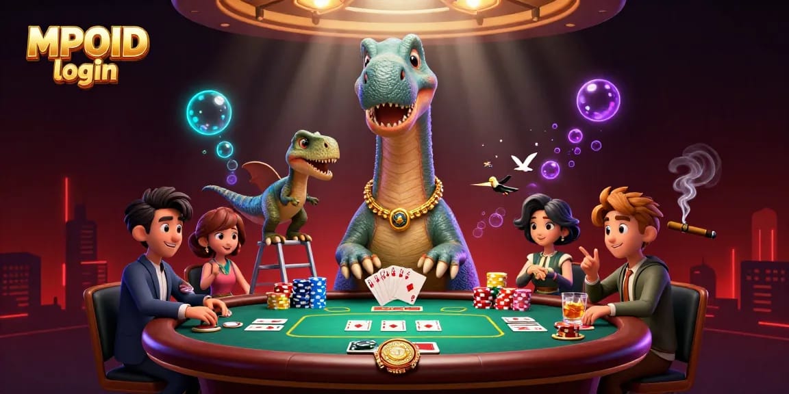 Experience thrilling MPOID login action with a playful brontosaurus overseeing a poker scene packed with colorful chips.