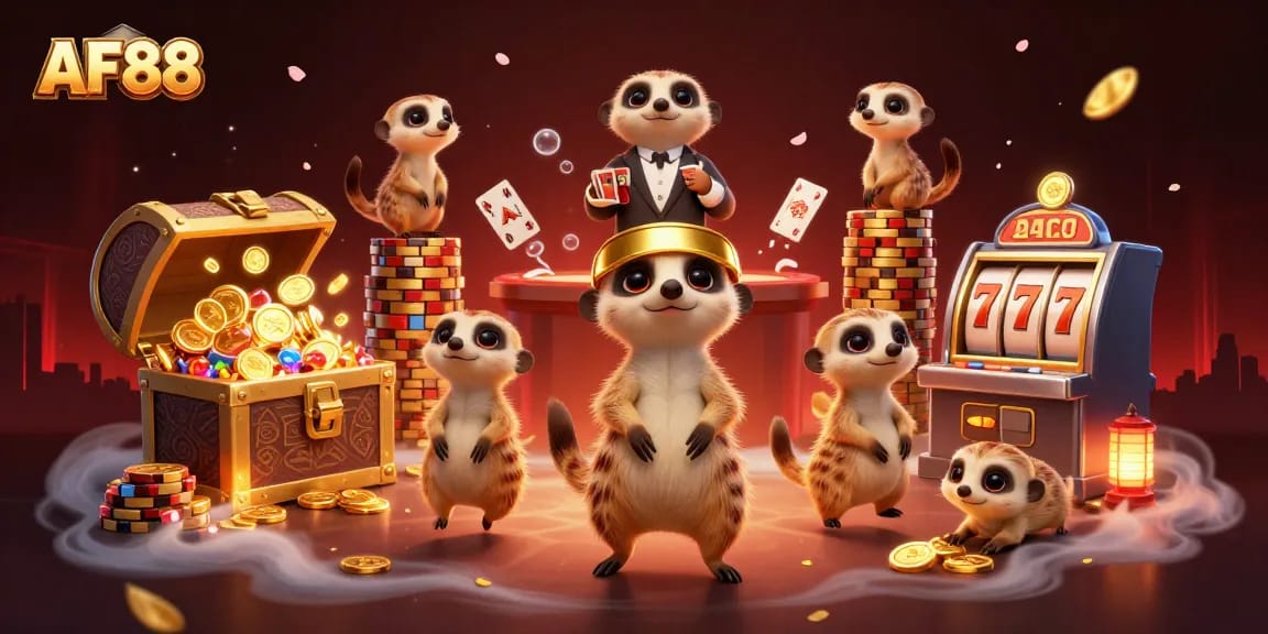 AF88 meerkats managing a vibrant casino operation with dynamic game elements and engaging visuals.