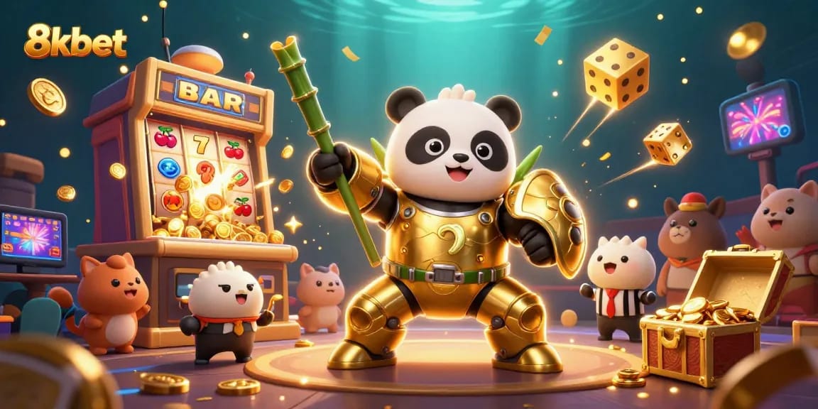 Experience the excitement of 8kbet with a vibrant slot machine and animated characters in a lively casino scene.