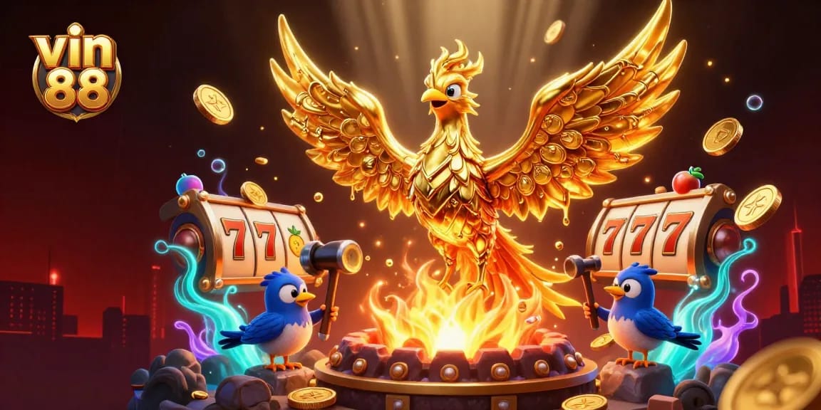Experience thrilling wins with vin 88, a vibrant 3D illustration of golden phoenix and slot machines.