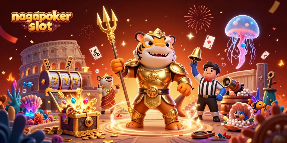 Explore nagapoker slot excitement with a dynamic underwater casino scene featuring vibrant characters and elements.