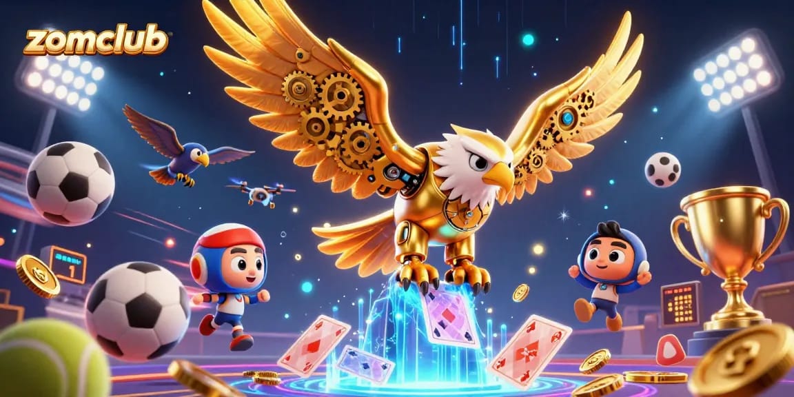 Experience the vibrant gaming action of Zomclub with a golden eagle amidst dynamic sports elements.