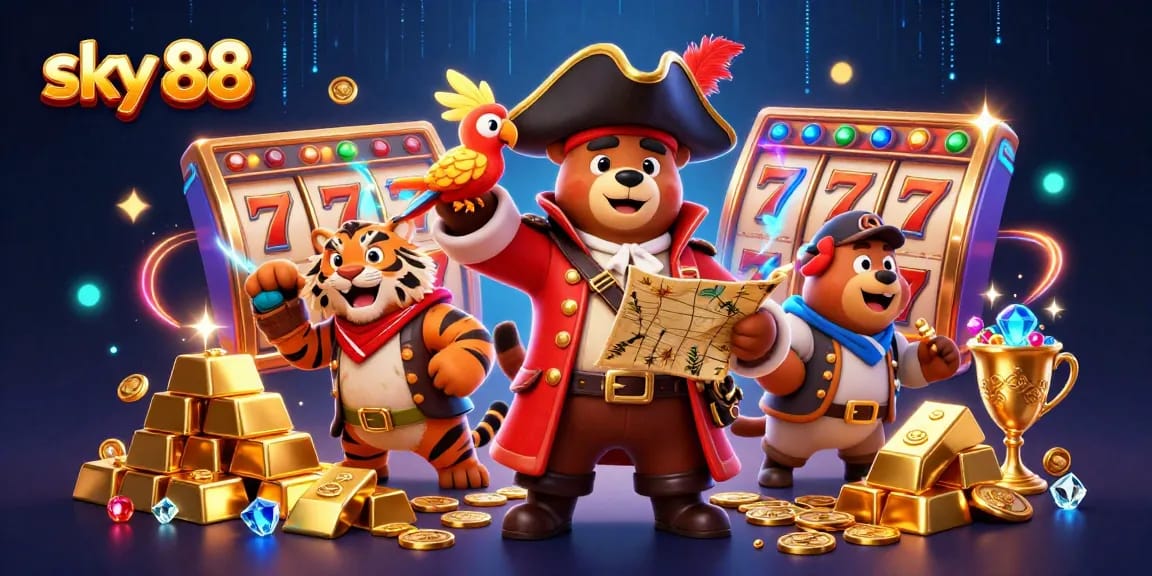 Engage with thrilling slot actions at sky 88, featuring characters and vibrant casino elements.