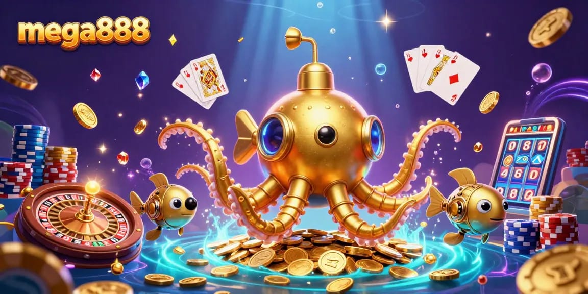 Immerse yourself in mega888 with a vibrant illustration featuring golden kraken and casino themes.