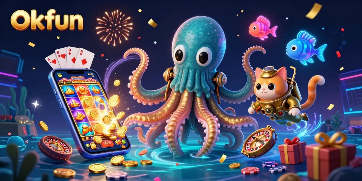 Experience the excitement of okfun with a kraken and diving cat in a rich casino scene filled with slots and cards.