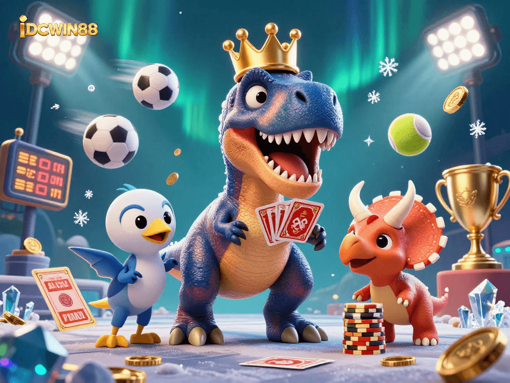 Engage in thrilling games at IDCWIN88 with an exciting illustrated scene of friendly cartoon characters.