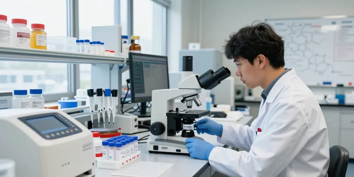 Researcher analyzing third-party tested peptides Canada in a high-tech lab setting