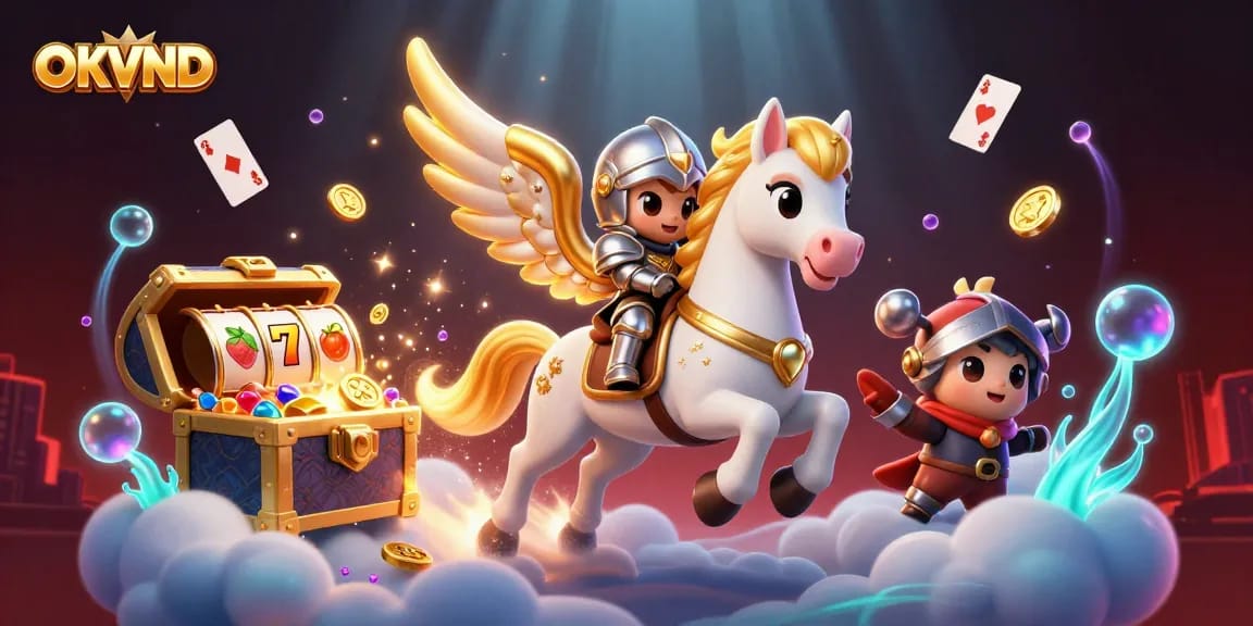 OKVND slots illuminated by a celestial scene of adventure and treasure.