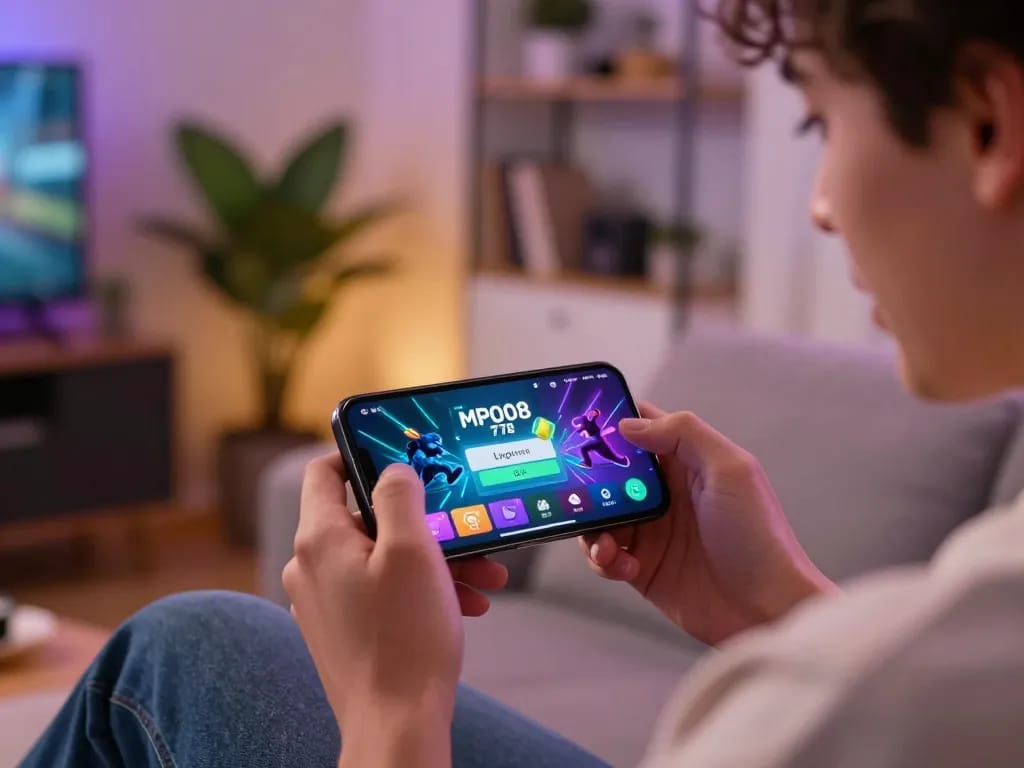 MPO08 Login 778 access interface shown on smartphone in a cozy home setting, engaging mobile gameplay.