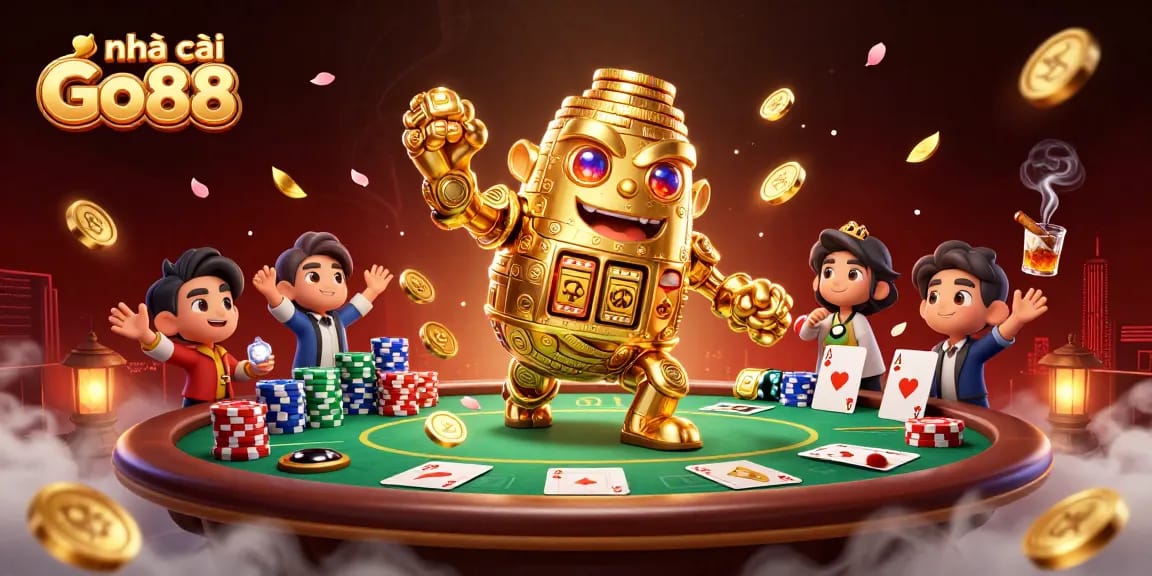 Engage with nhà cái Go88 through this vibrant 3D illustration of an ancient golden golem amidst casino games.