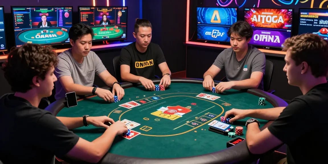 Situs Poker Uang Asli Dewapoker vibrant online gaming scene with diverse players at a digital poker table.