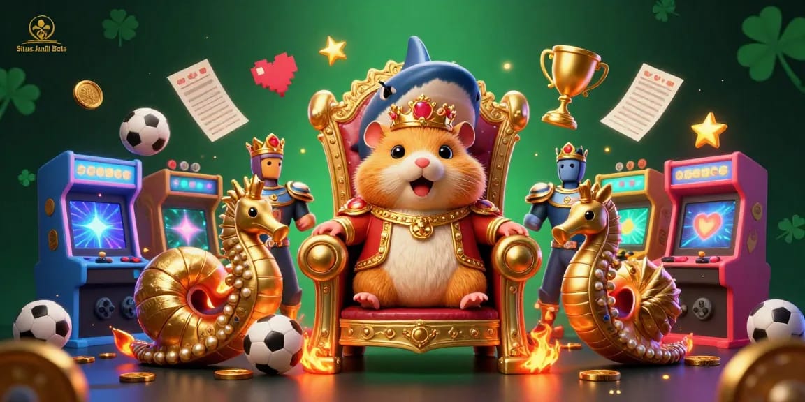Situs Judi Bola illustration showcasing a hamster king on a megalodon throne with sports betting elements.