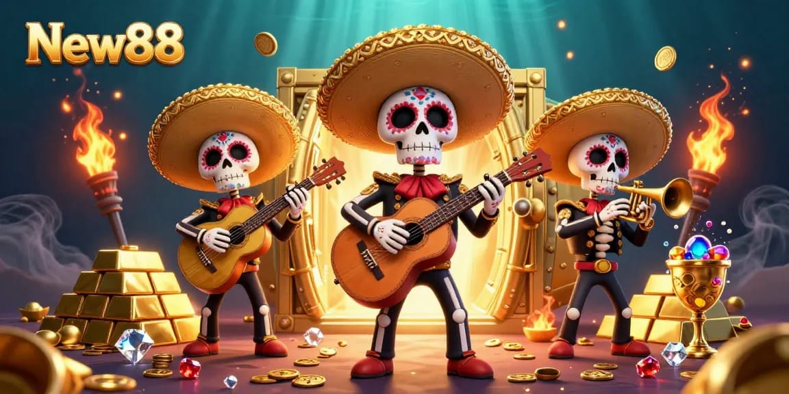 Experience the vibrant world of New88 with this dynamic illustration featuring mariachi characters amidst golden treasures and casino elements.