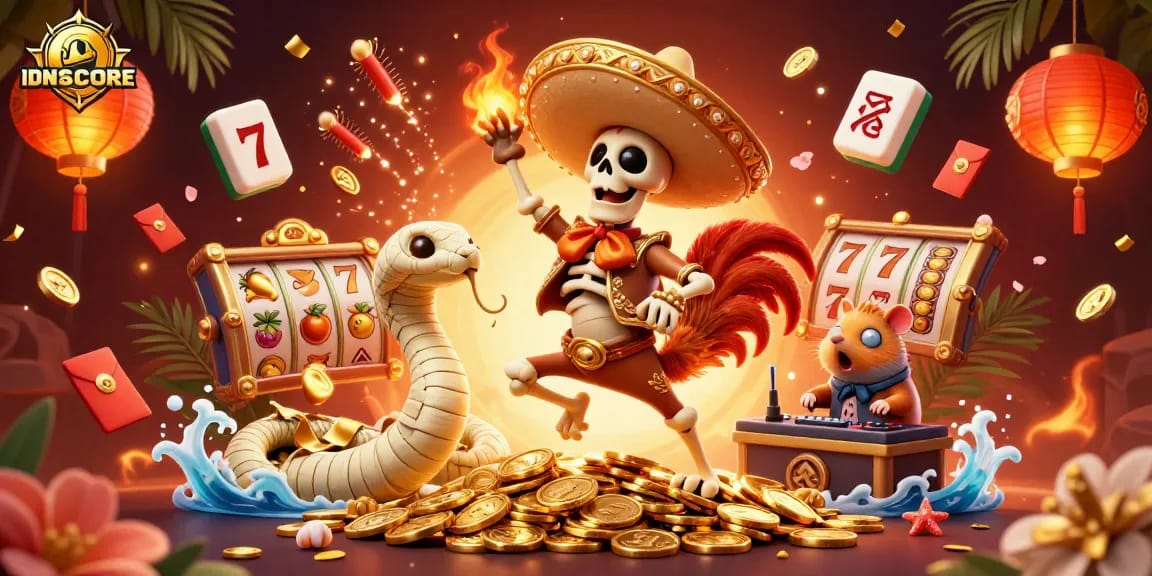 IDNSCORE showcases a vibrant 3D cartoon scene with characters celebrating winning moments in online gaming.