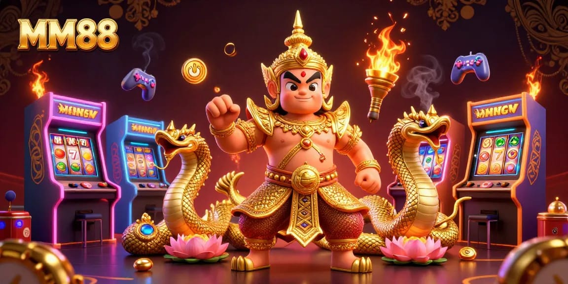 Experience the excitement of MM88 slots with vibrant characters and gold elements in a lively casino scene.