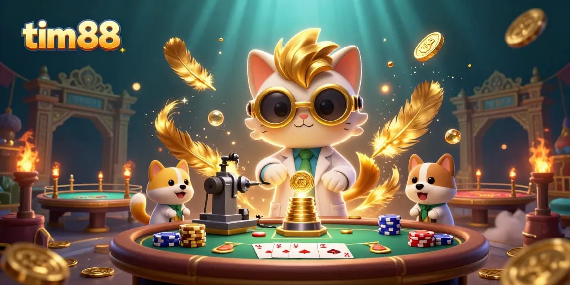 Tim 88 brings excitement with a dynamic poker scene featuring a mad scientist cat and loyal dog.