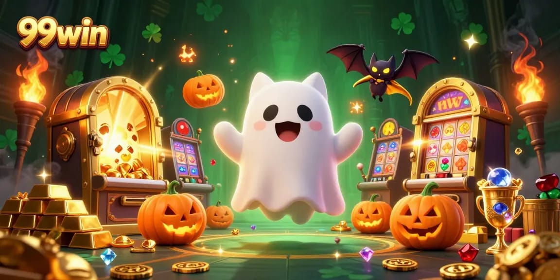 Experience the thrill of 99win with a 3D illustration of a ghost cat exploring a haunted casino.
