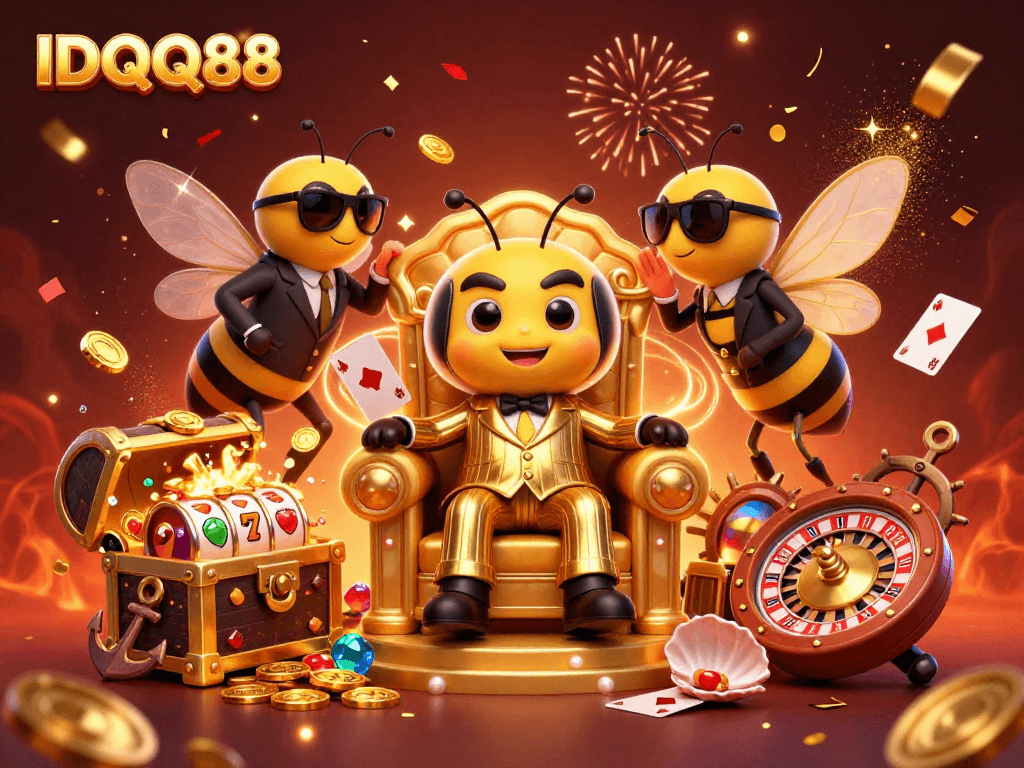 IDQQ88 invites players to win big in an enchanting bumblebee casino scene filled with treasures.