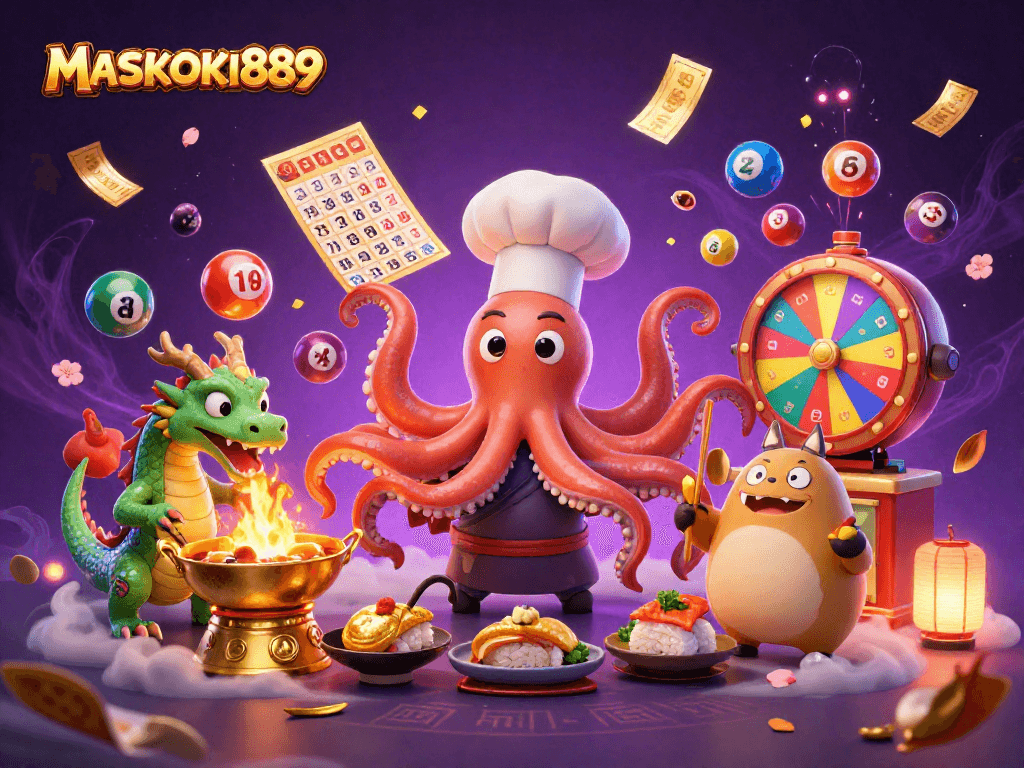 Experience the excitement of MASKOKI889 with a vibrant 3D illustration showcasing a sushi chef octopus, a fire-breathing dragon, and a tanuki in a dynamic casino setting.