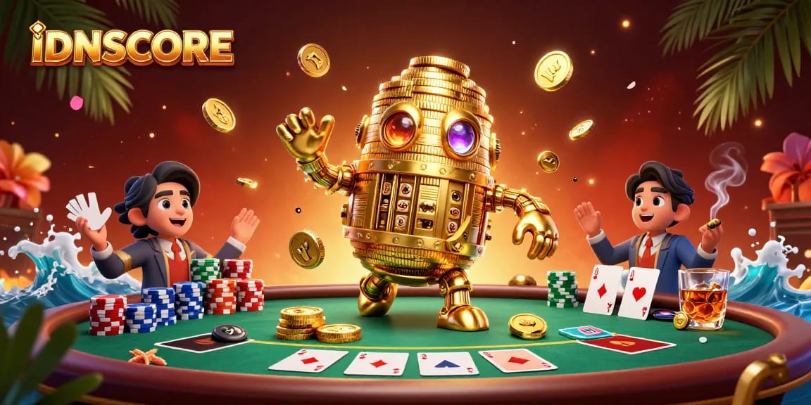 IDNSCORE offers thrilling gaming experiences with a golden golem and vibrant poker visuals.
