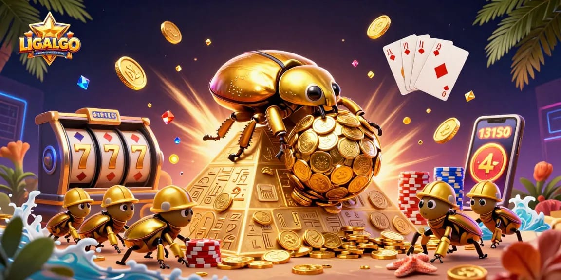 LIGALGO showcases a vibrant scene of a golden dung beetle rolling a jackpot ball in a dynamic casino environment.
