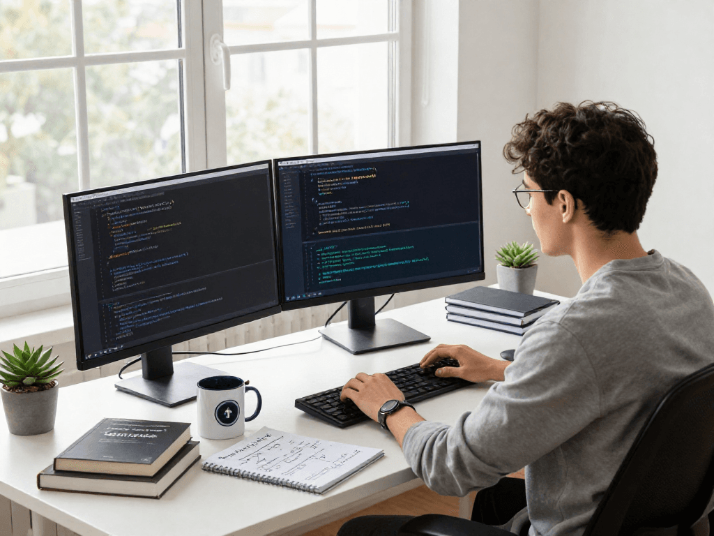 Programmer at a sleek workstation analyzing Tornardocash blockchain algorithms with multiple monitors and cryptographic notes.
