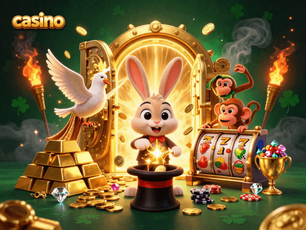 Casino scene with a magician rabbit, a dove, and a monkey surrounded by gold and slot machines.