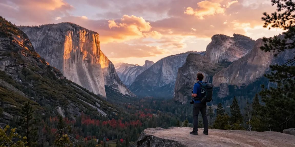 How far is Yosemite National Park from San Francisco California? A traveler enjoys the sunset view at a scenic overlook, highlighting majestic granite cliffs and vibrant valleys.